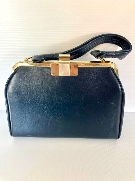 Vintage Navy Blue Vinyl Handbag - No Brand - Grea… - image 9