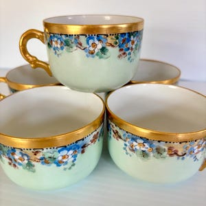 Antique (Set x 5) Carl Tielsch Porcelain Flat Cups/Tea Cups/Adorned w/ a Band of Forget -me- nots- Hand Painted 2.25in Tall Germany