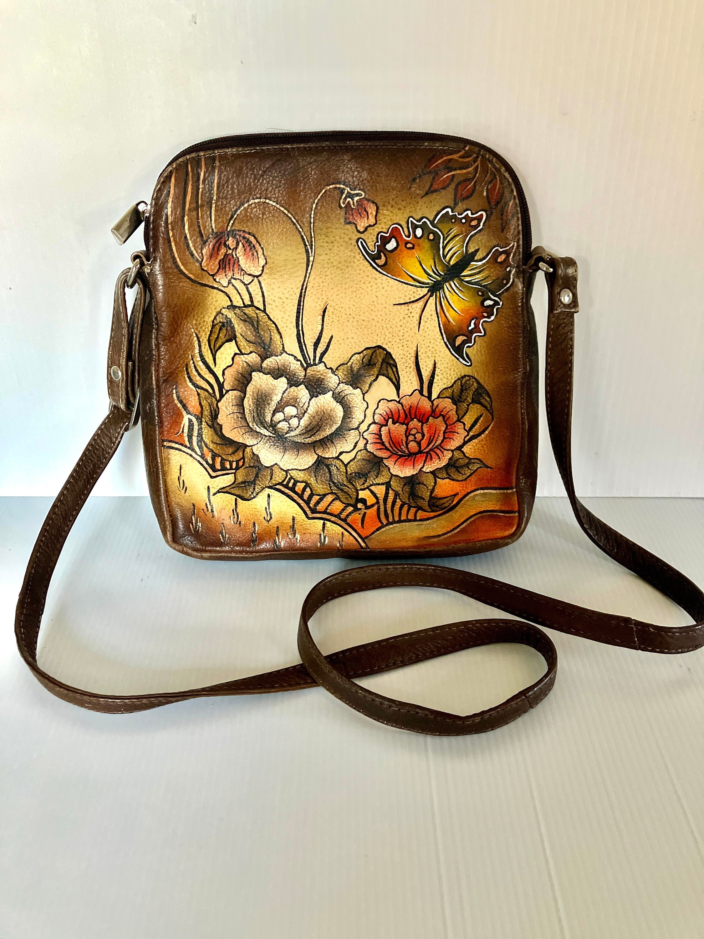 Vintage Genuine biacci Leather Crossbody Brown Purse Hand Painted Flowers butterfly 9.5in Tall Etsy