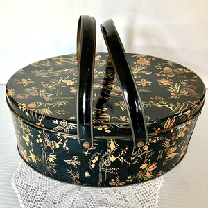 Vintage Retro Chinoiserie Oval Large Sewing Tin Asian Motif Double Handles Orange/Gold/Black Background Measures 11in Wide image 2