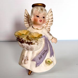 Vintage Lefton's April Birthday Angel  - Japan - 4in Tall - 3332 Marking on Bottom - Bisque Porcelain/Basket of Flowers