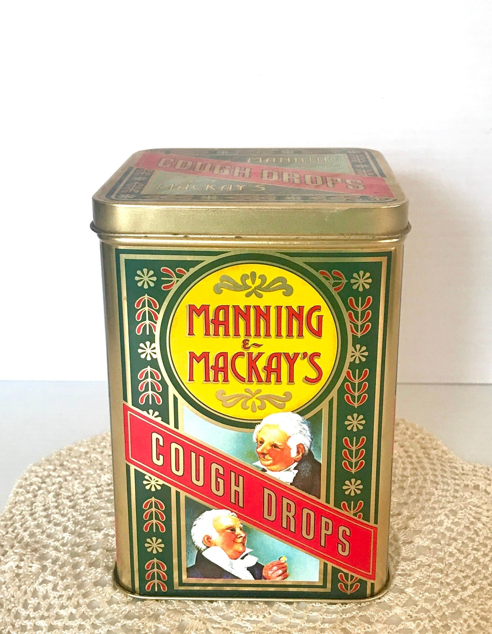 Vintage Manning and Mackay's Cough Drops Tin - Hinged Lid - Made