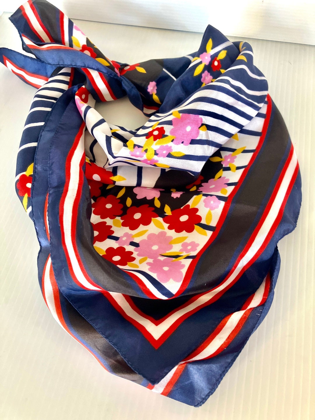 Vintage Morsly New York Scarf - Floral/stripes - Red, White Vintage Morsly New York Scarf - Floral/stripes - Red, White