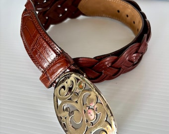 Ceinture Vintage Chico’s En Cuir Noir Avec Grande Boucle Argentée – Taille ML