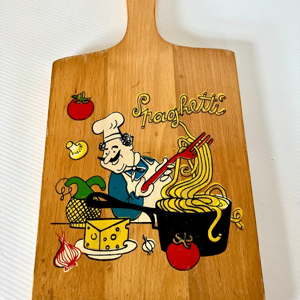 Vintage NEVCO Wood Cutting board "SHRIMP" Spaghetti/Italian - Cooking - Kitchenware - Made in Yugoslavia