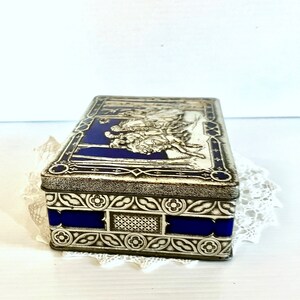 Vintage Blue/Silver Riley's Toffee Tin Hinged Lid Medieval/Renaissance Hunting Scene in Blue and Silver Embossed image 5