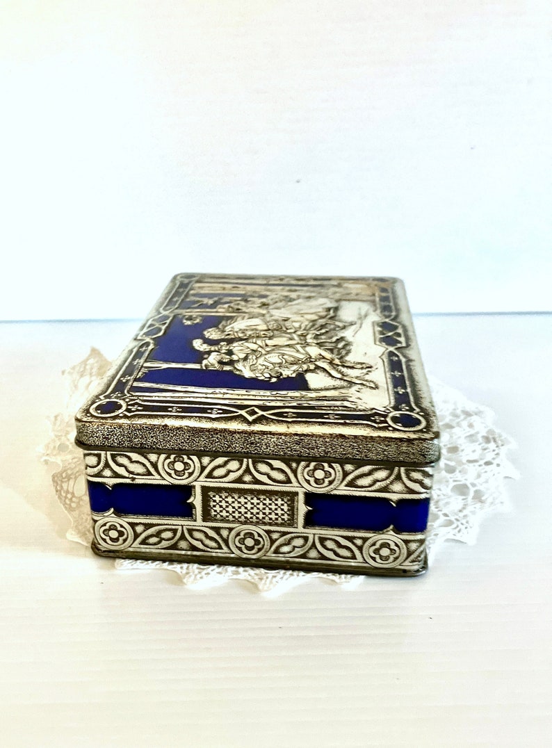 Vintage Blue/Silver Riley's Toffee Tin Hinged Lid Medieval/Renaissance Hunting Scene in Blue and Silver Embossed image 5