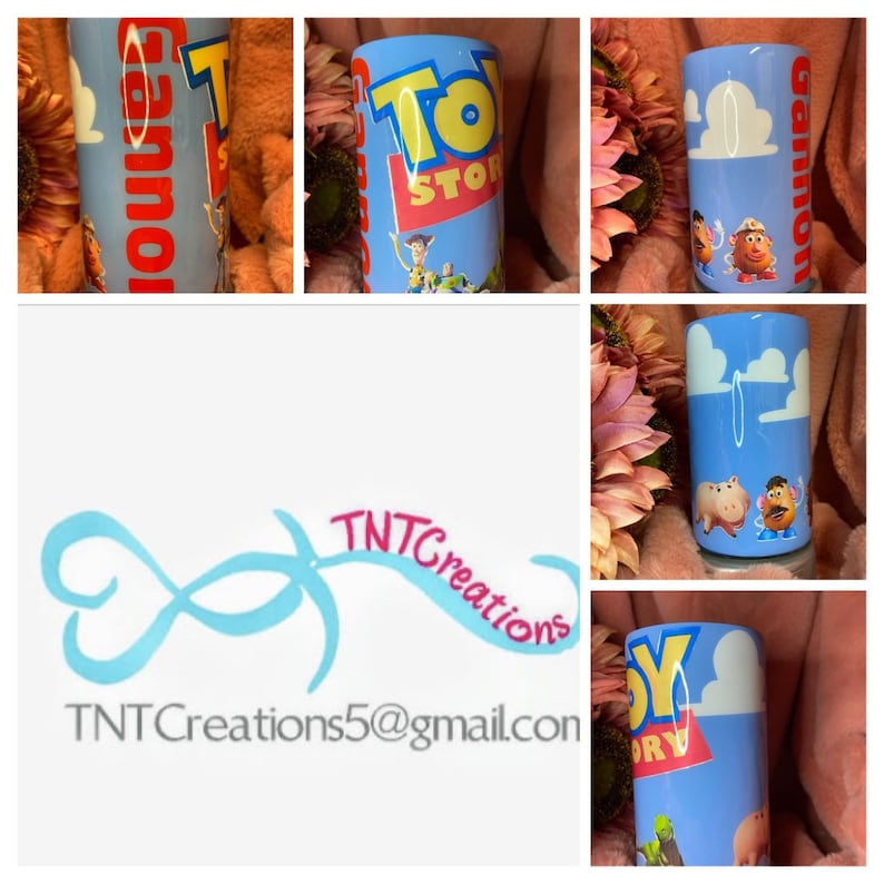 May include: A blue and white tumbler with a Toy Story design. The tumbler features Woody, Buzz Lightyear, and other characters from the film. The tumbler is personalised with the name "Gannon".