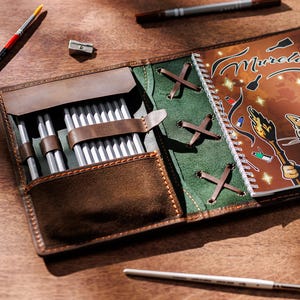Leather Sketchbook Organizer with 12 Pencils | Handmade Artist Journal Bag | Personalized Drawing Gift | Travel Art Set by Mureli