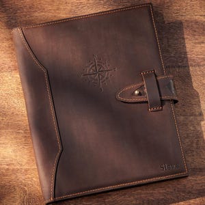 Luxury Brown Leather Portfolio Folder, Letter Size Padfolio with Strap Closure, Personalized Business Organizer & Tablet Holder
