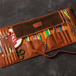 Knitting and Crochet Organizer | Leather Roll for Hooks and Needles | Personalized Craft Gift | Personalized Gift for Mom