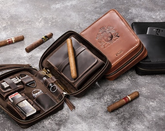 May include: A brown leather cigar case with a zipper closure. The case is open and shows a variety of accessories, including a lighter, a cigar cutter, and a small pouch for matches. The case also has a pocket for a cigar and a small pocket for a lighter. The case is made of high-quality leather and has a stylish design.