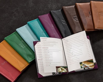 leather menu cover 8.5x11 | wine | bar | hotel | guest Sizes with restaurant logo, leather menu book 8.5x11 Collection 2023 | 10 Colors