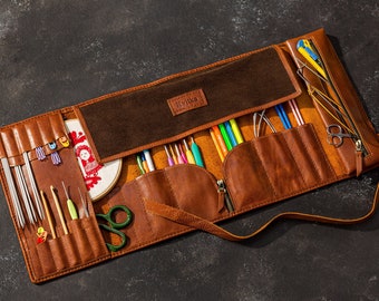 Knitting and Crochet Organizer | Leather Roll for Hooks and Needles | Personalized Craft Gift | Personalized Gift for Mom