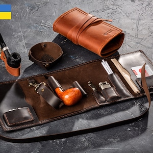 leather case for pipe smokers set, tobacco smokers gift, smokers kit case, pipe holder, travel leather pipe tobacco pouch, leather pipe case image 1