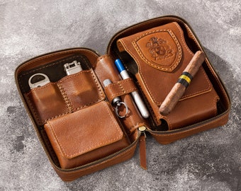 travel cigar holder Genuine Leather & Wood