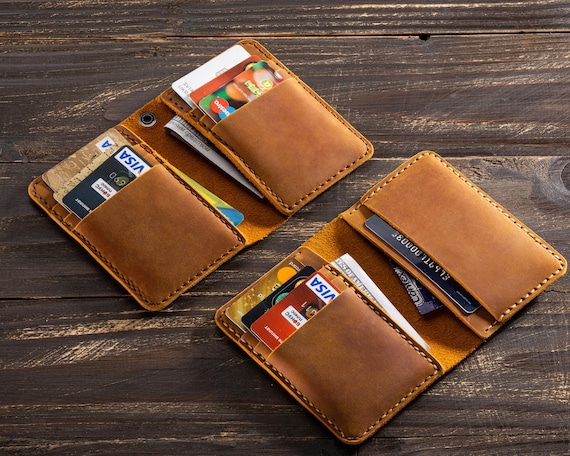 Personalized Leather Card Wallet With Chain Hole | Slim Bifold