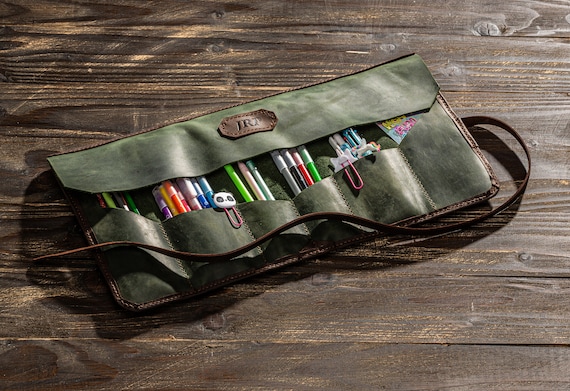 Leather pencil roll, Leather roll up pencil case, Leather pencil