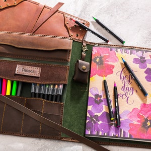 Copertina in pelle grande personalizzata per album da disegno ricaricabile – Album da disegno per artisti con matite – Regalo personalizzato – Quaderno Art Journal
