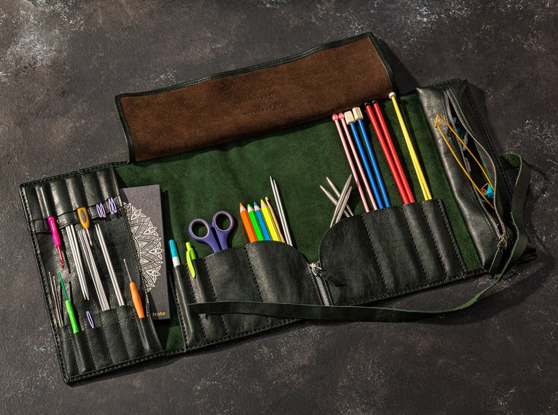 Extended leather knitting roll for hooks, needles, and crochet tools, handmade organizer