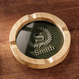 Engraved wooden ashtray personalized cigar gift for him oak ashtray with leather inlay custom initials monogram Father&#39;s Day gift