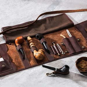 leather pipes for tobacco case, leather roll up for 3 pipes, tobacco and pipe holder, High Quality pipe pouch, anniversary gifts for husband