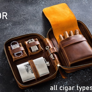 Personalized cigar & whiskey case | Travel cigar pouch with flask holder | Gift for bourbon lover x smoker | Gift for dad who loves cigars