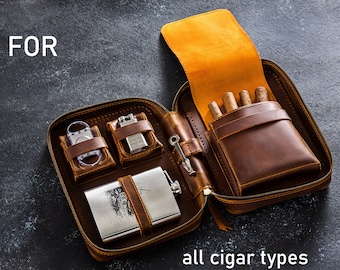 leather cigars case with flask pocket, personalized leather box for smoker