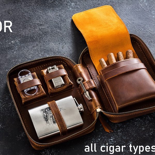 leather cigars case with flask pocket, personalized leather box for smoker