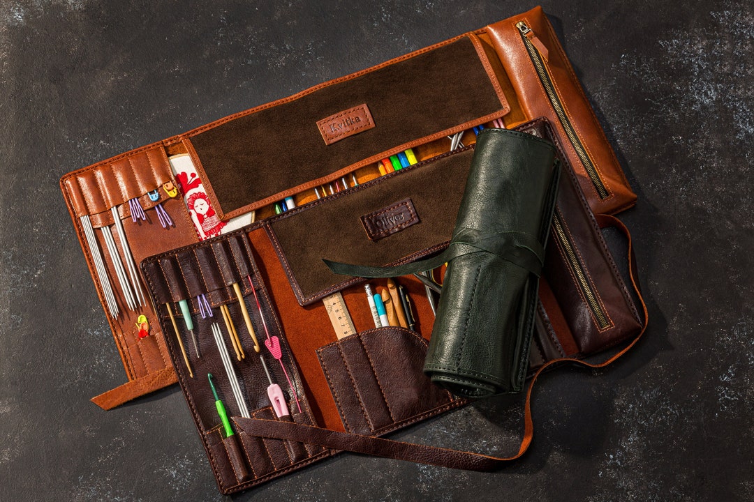 Knitting Needle Case, Knitting Needle Roll Up, Leather Knitting Crochet Hook Organizer, Craft