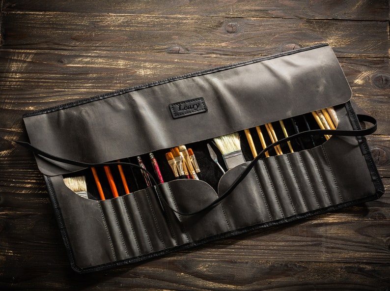 Brush Roll Up Organizer in Leather | Artist Tool Case for Professional Painters | Durable Holder for Art Brushes | Handmade by Mureli image 9