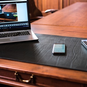 black thick leather desk blotter Custom small or extra large sizes desk mat  with\without your personalization: initials name or logo