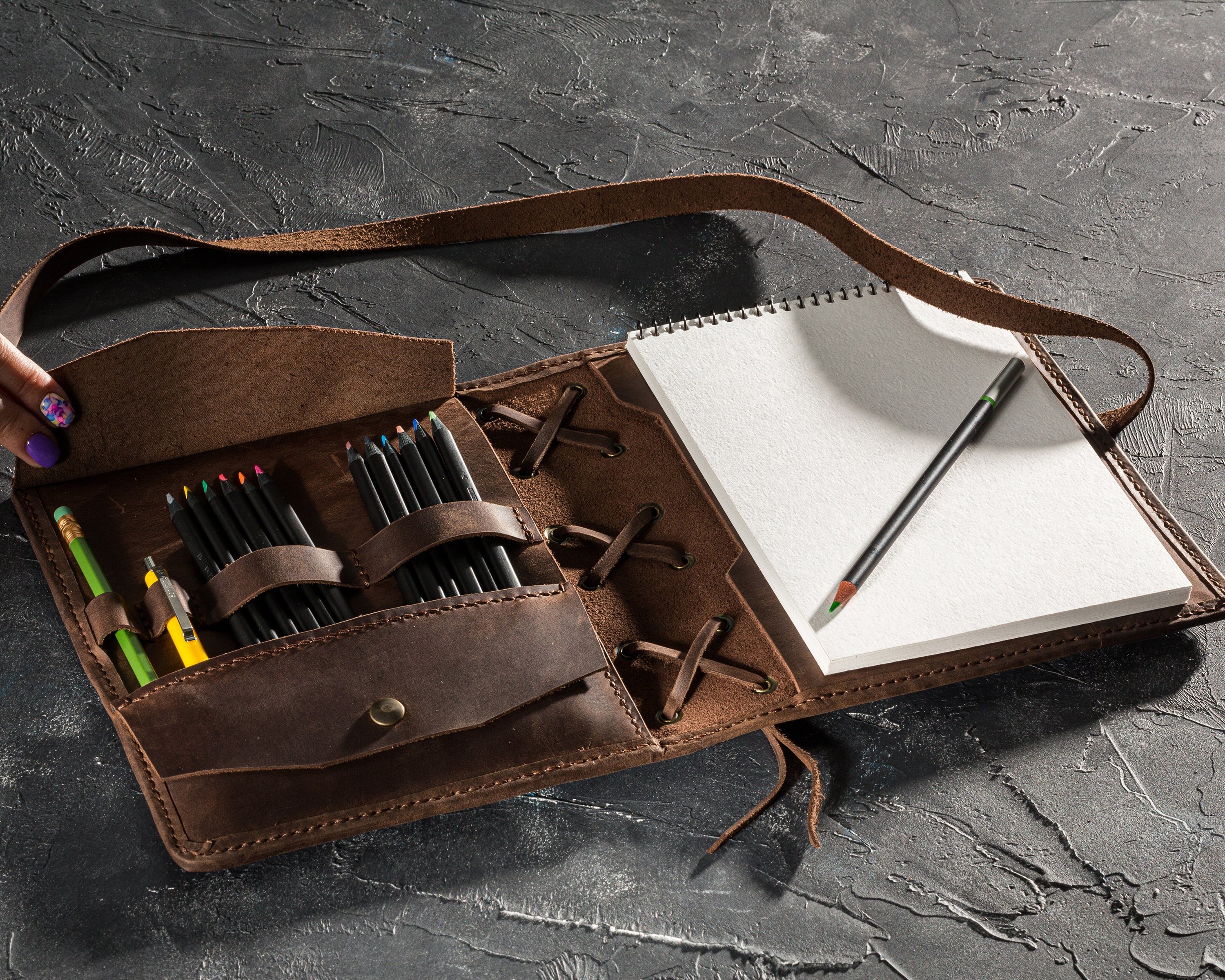 Drawing Sketchbook and Pencils and Leather Cover, Christmas Gifts