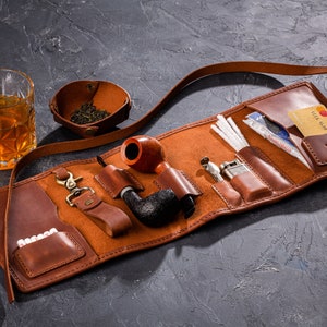 leather case for pipe smokers set, tobacco smokers gift, smokers kit case, pipe holder, travel leather pipe tobacco pouch, leather pipe case image 3