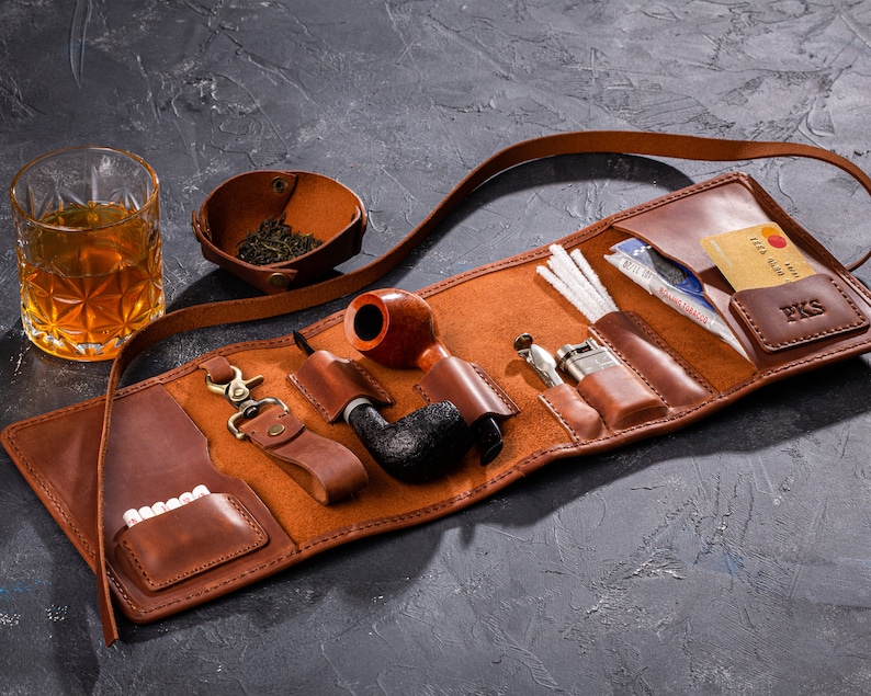 leather case for pipe smokers set, tobacco smokers gift, smokers kit case, pipe holder, travel leather pipe tobacco pouch, leather pipe case image 3