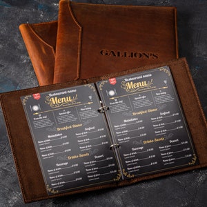 Leather menu folio book 8.5x11 or custom, personalize restaurant menu cover ring binder or fixing with corners, restaurant menu holder logo