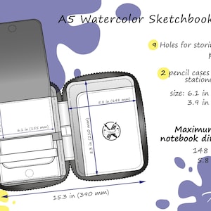 May include: A black and white illustration of a watercolour sketchbook cover with dimensions of 390 mm by 238 mm. The cover has two pencil cases, nine holes for storing brushes and pencils, and a maximum storage notebook dimension of 148 mm by 210 mm.