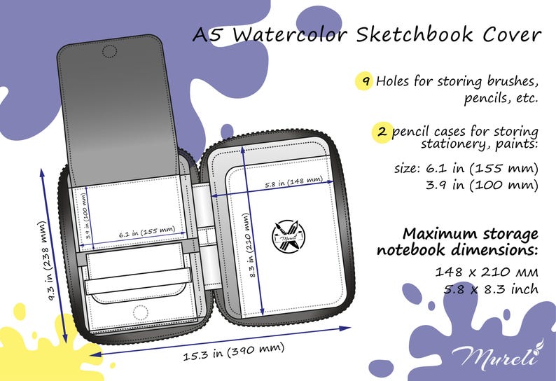 May include: A black and white illustration of a watercolour sketchbook cover with dimensions of 390 mm by 238 mm. The cover has two pencil cases, nine holes for storing brushes and pencils, and a maximum storage notebook dimension of 148 mm by 210 mm.
