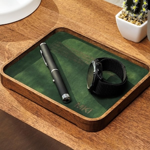 Custom Engraved Leather and Wood Desk Tray Organizer – 5th Anniversary Gift – Birthday or Housewarming or Wedding or Summer Gift Idea