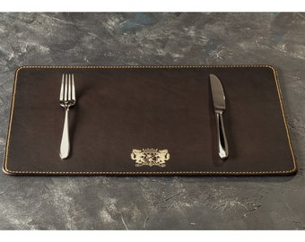 Brown Leather Placemats with Gold Embossed Logo |Hand Stitched 4mm Thick Dining Table Mats | Custom Size & Color | Wedding - Restaurant Gift