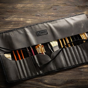 large leather brush roll up black gray artist roll personalized paint roll up brush holder painter brush case artist gift