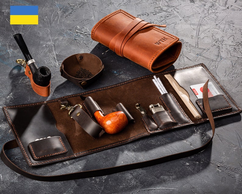 leather case for pipe smokers set, tobacco smokers gift, smokers kit case, pipe holder, travel leather pipe tobacco pouch, leather pipe case image 1