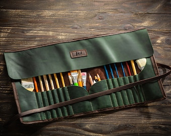 large leather brush roll up professional artist roll personalized paint roll up green  brush holder painter brush case artist gift