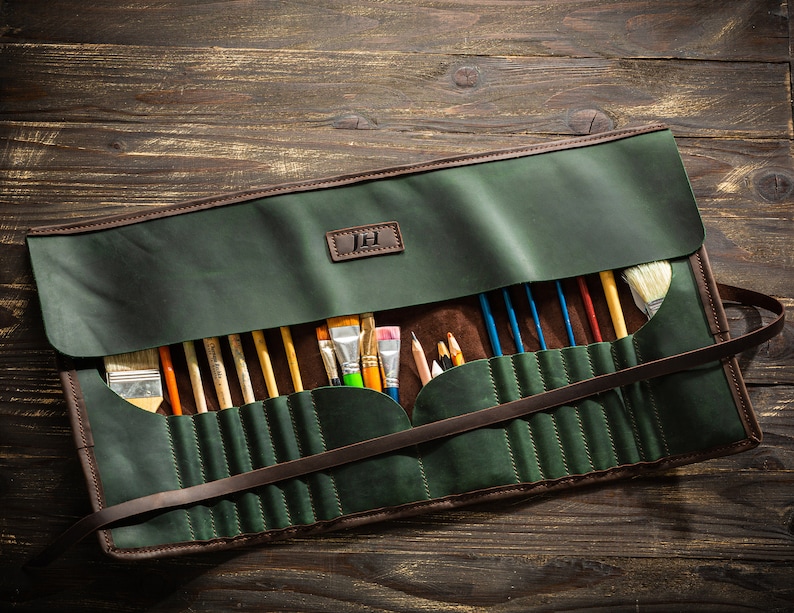 Brush Roll Up Organizer in Leather | Artist Tool Case for Professional Painters | Durable Holder for Art Brushes | Handmade by Mureli image 5