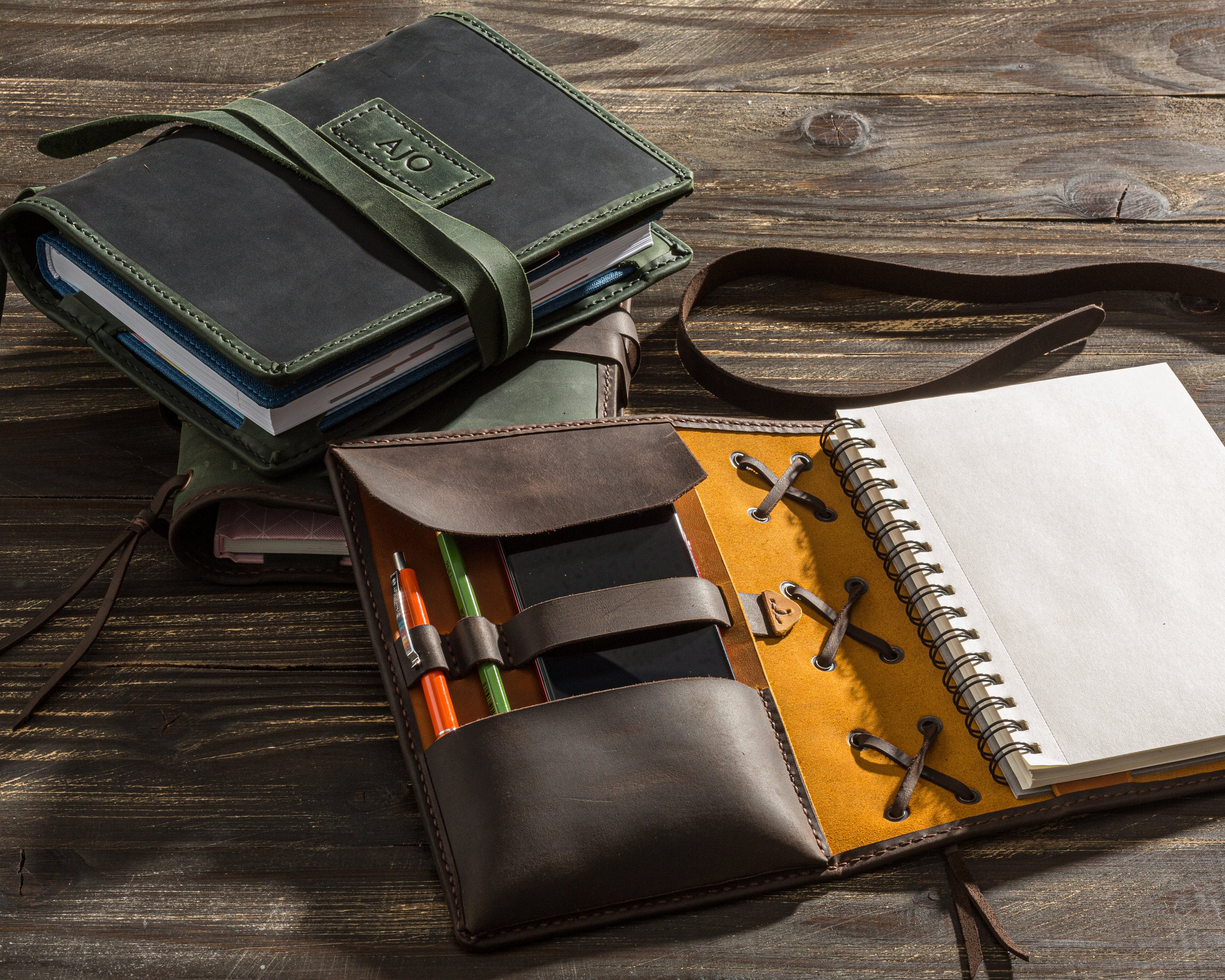Refillable A5 leather notebook cover for pen pencil phone Etsy
