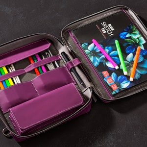 bolsa de artista em couro para material de pintura + diário de arte recarregável + gravação personalizada | Estojo de armazenamento de arte | Estojo para materiais de artesanato