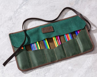 pencils case, personalized pencils holder, leather tool roll, art pouch, artist roll