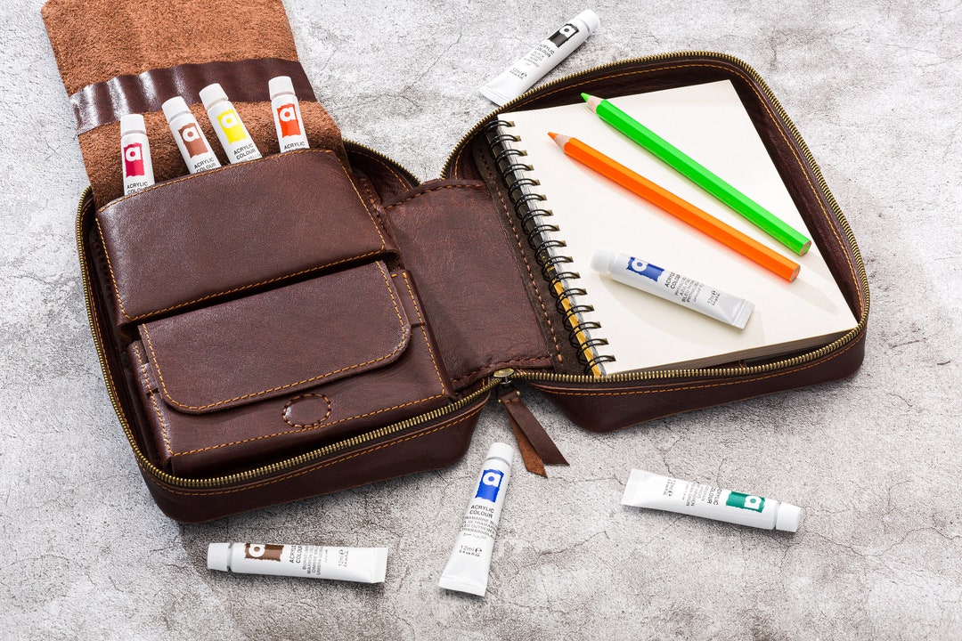 Leather Art Supply Organizer | Zippered Sketchbook Cover & Travel