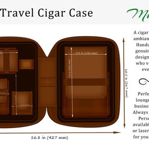K&ouml;nnte beinhalten: Ein braunes Leder-Reiseetui f&uuml;r Zigarren mit mehreren F&auml;chern f&uuml;r Zigarren und Zubeh&ouml;r. Das Etui misst 42,7 cm x 26,7 cm. Der Text "Travel Cigar Case" und "Mureli" ist auf dem Bild zu sehen.