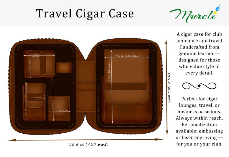 K&ouml;nnte beinhalten: Ein braunes Leder-Reiseetui f&uuml;r Zigarren mit mehreren F&auml;chern f&uuml;r Zigarren und Zubeh&ouml;r. Das Etui misst 42,7 cm x 26,7 cm. Der Text "Travel Cigar Case" und "Mureli" ist auf dem Bild zu sehen.